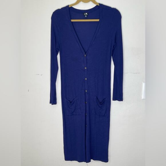 CABLE & GAUGE Blue Ribbed Button Front Long Sleeve Long Cardigan Size Medium - Picture 1 of 6
